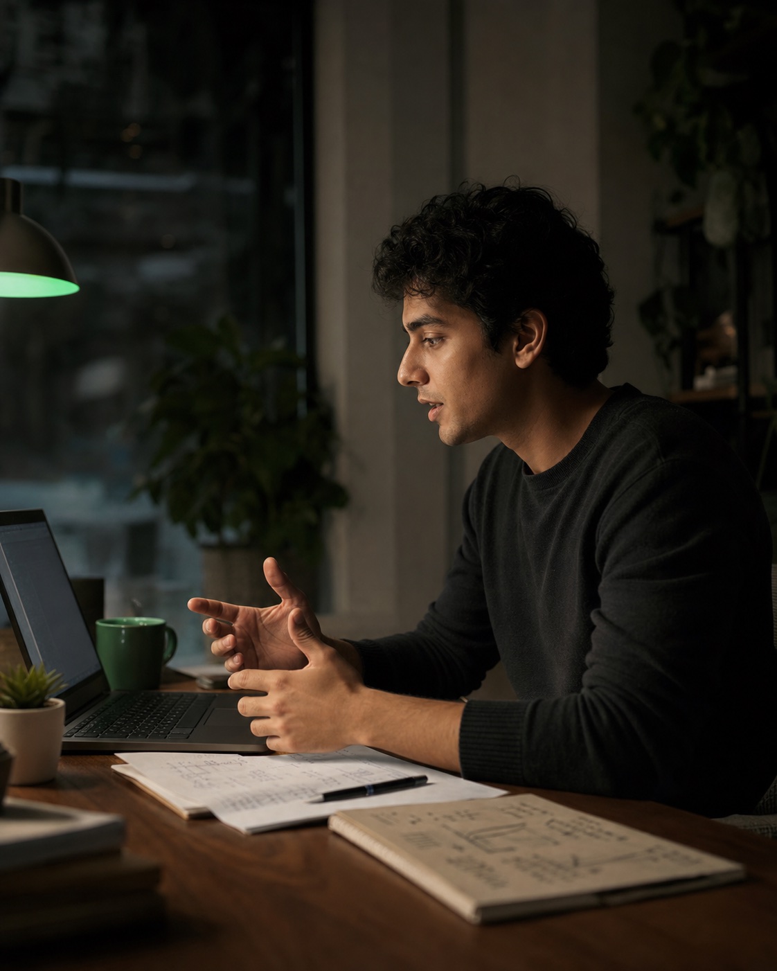 Software engineer rehearsing a technical interview at a laptop