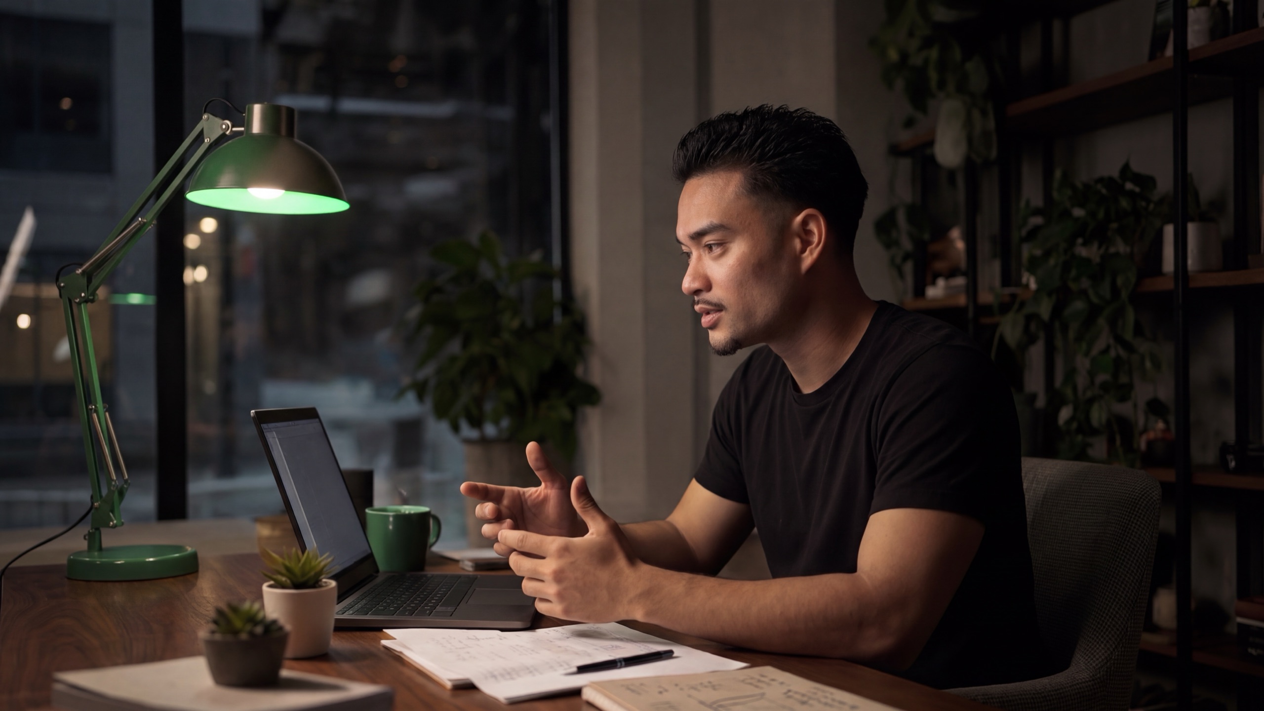 Software engineer rehearsing a technical interview at a laptop