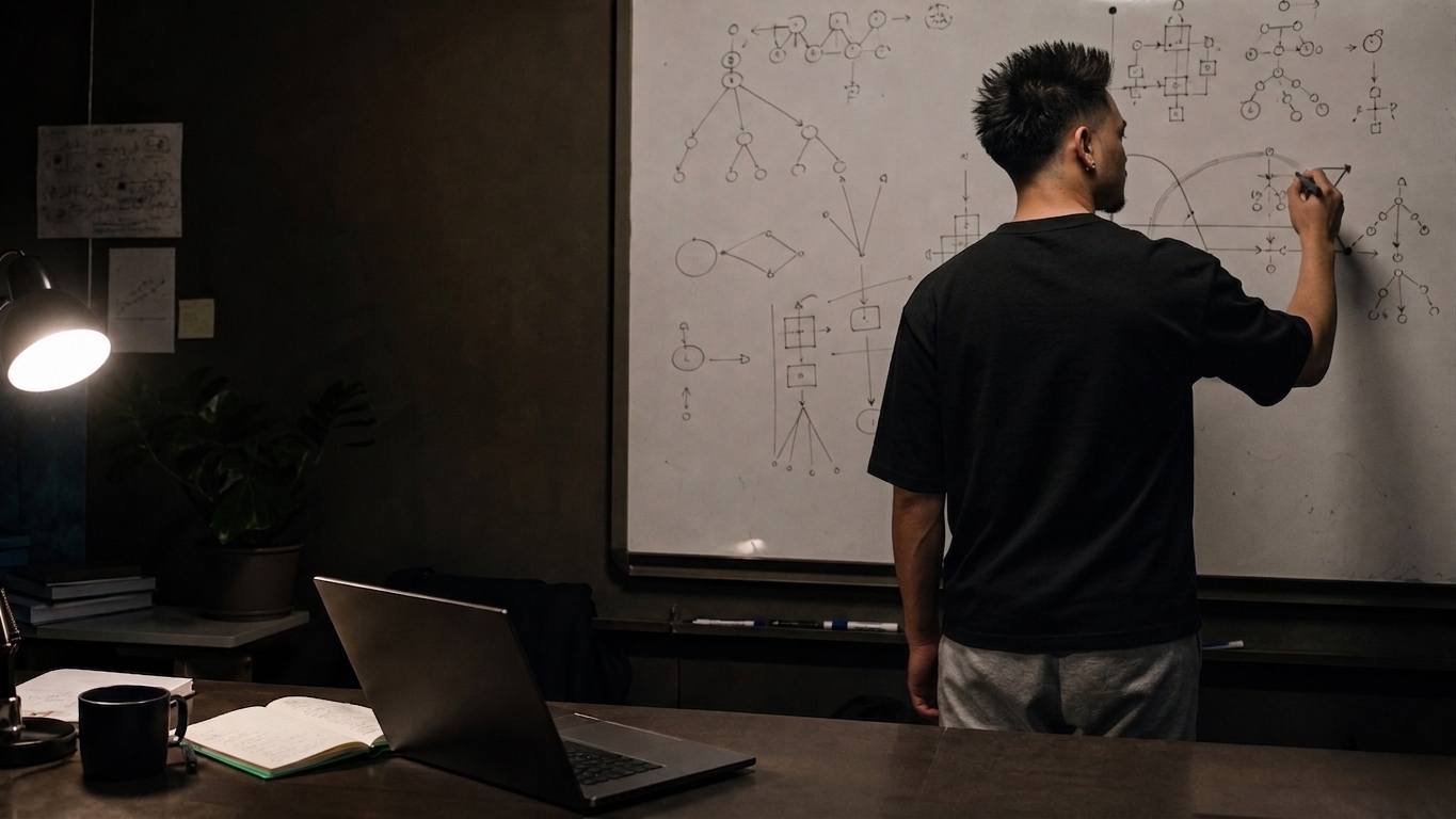 Candidate rehearsing a technical explanation at a whiteboard